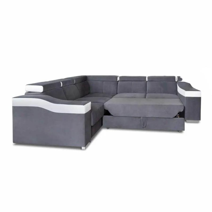 Canap&eacute; d&rsquo;angle convertible r&eacute;versible en velours gris et simili cuir blanc